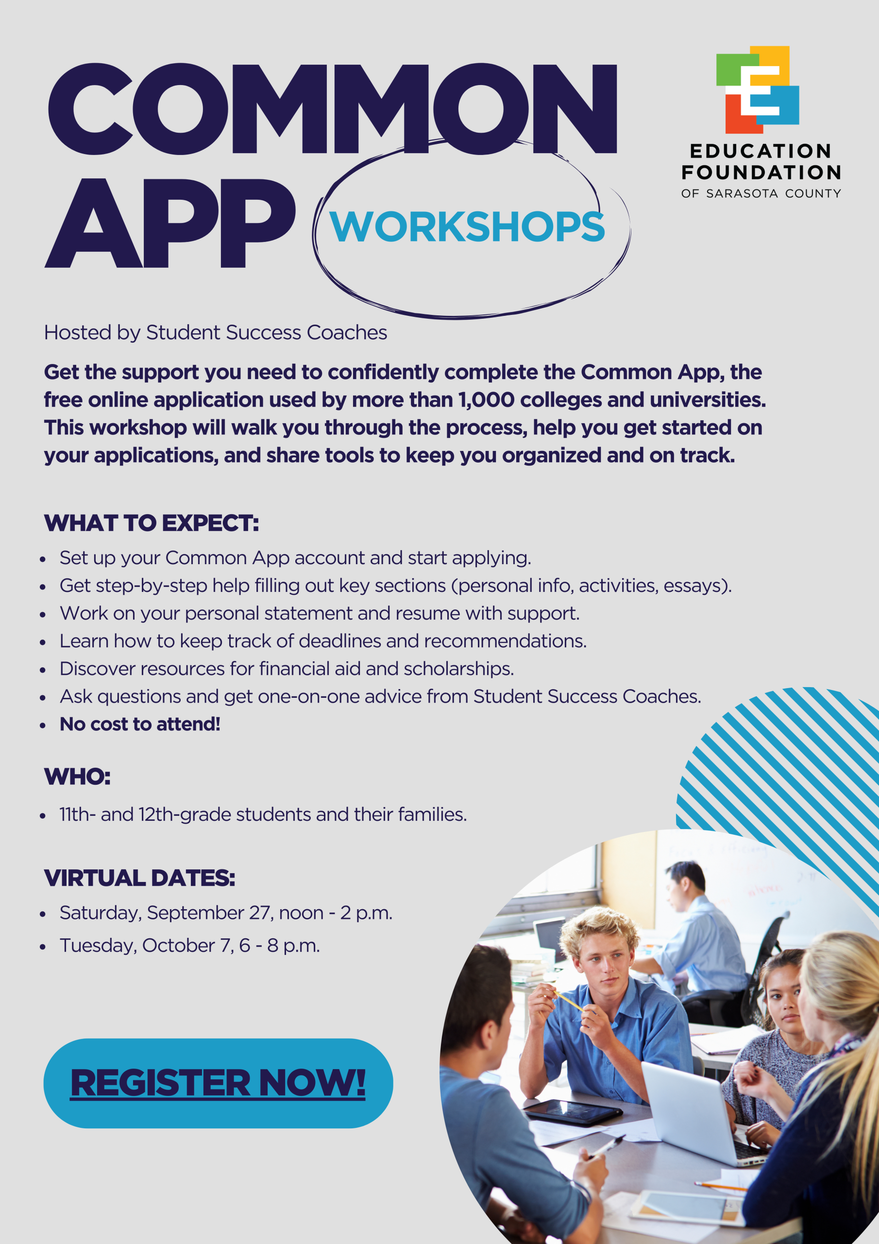 flyer, light grey, students studying