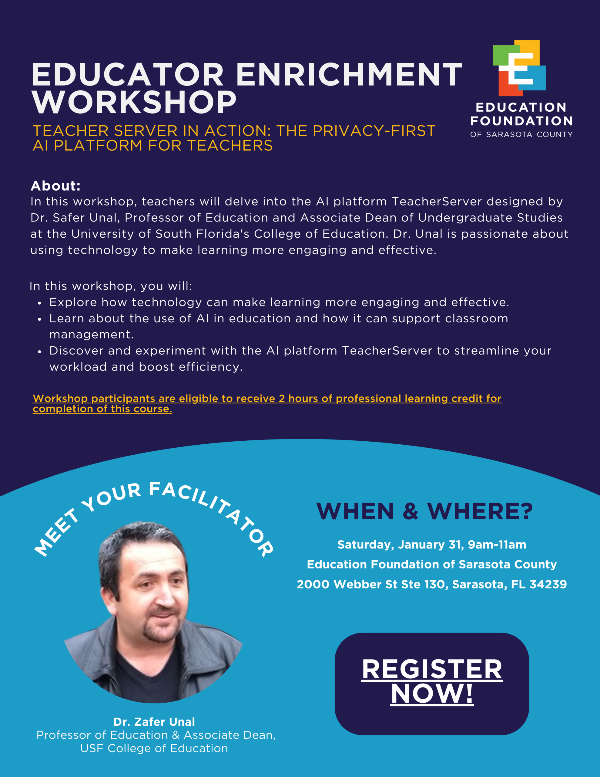 Educator Enrichment Workshops, AI, navy and blue